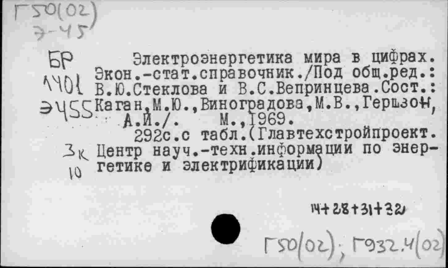 ﻿№ Электроэнергетика мира в цифрах. Ш Экон.-стат.справочник./Под общ.ред.: В.Ю.Стеклова и В.С.Вепринцева.Сост.: ссКа га н.М.Ю., Виноградова, М.В., Гершзок
• А.Й./.	М.Л969.
292с.с табл.(Главтехстройпроект. 3к Центр науч.-техн.информации по энер-гетике и электрификации)
Г9зг.ч(ог